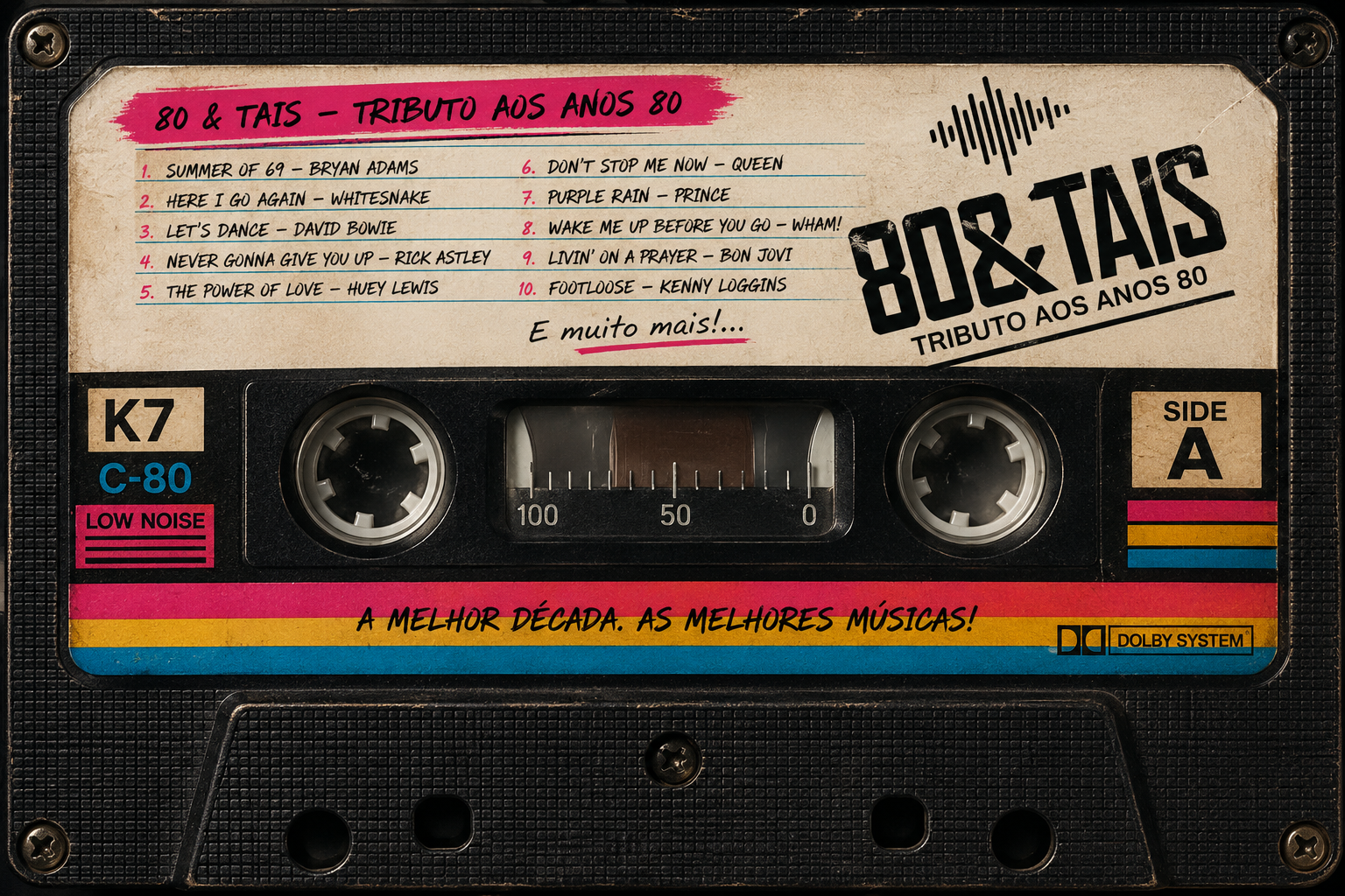 Arte de uma fita K7 dos 80&Tais com lista de músicas e identidade retro da banda.